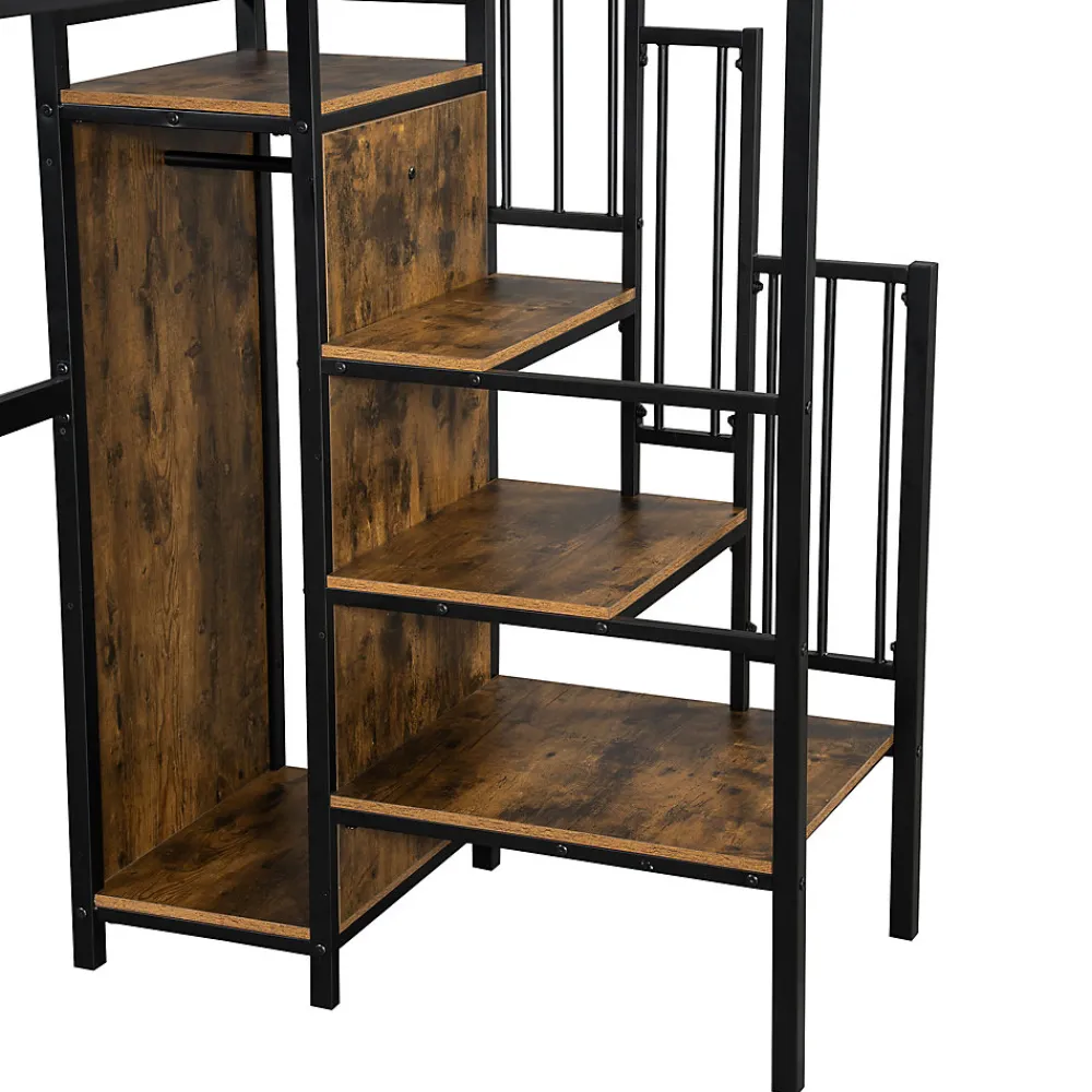 Lit mezzanine 90x200 cm enfant métal avec bureau et armoire intégrée, échelle sécurisée, blanc et naturel sans matelas>Okwish Online