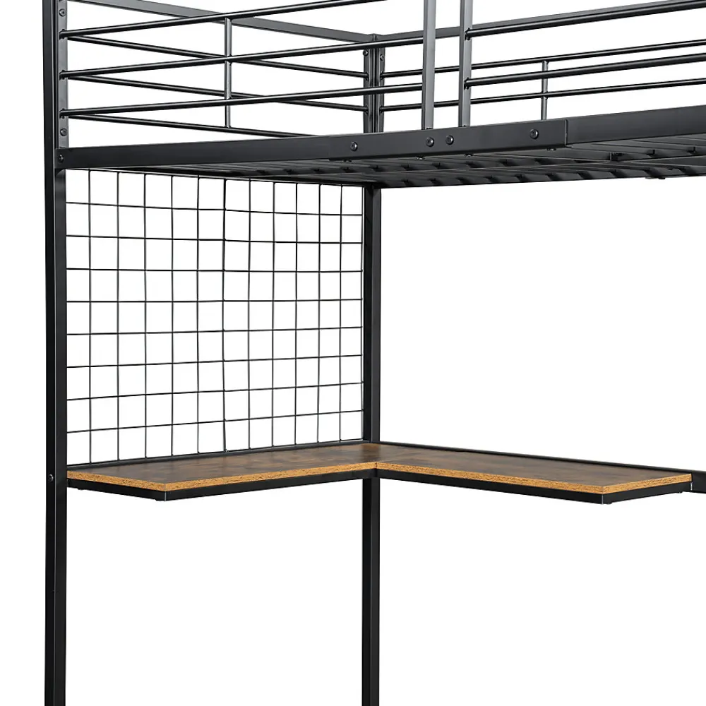 Lit mezzanine 90x200 cm enfant métal avec bureau et armoire intégrée, échelle sécurisée, blanc et naturel sans matelas>Okwish Online
