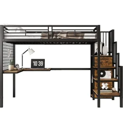 Lit mezzanine 90x200 cm enfant métal avec bureau et armoire intégrée, échelle sécurisée, blanc et naturel sans matelas><noscript><img width=