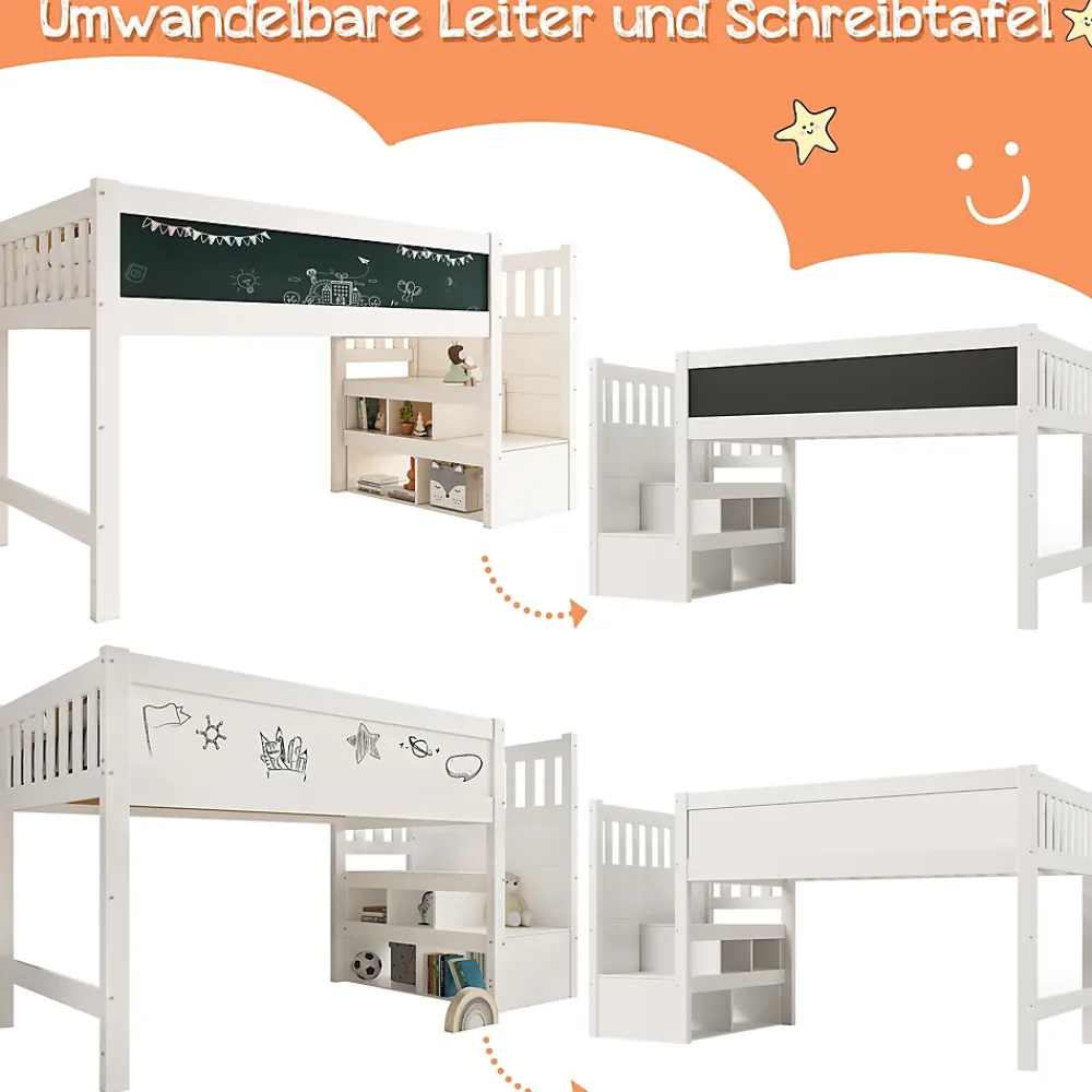 Okwish Lit Mezzanine 90x200 cm enfant, Bureau, Rangement, Tiroirs, Protection Anti-Chute, Tableau Blanc/Noir, Bois Blanc, Sans Matelas* Lit Mezzanine