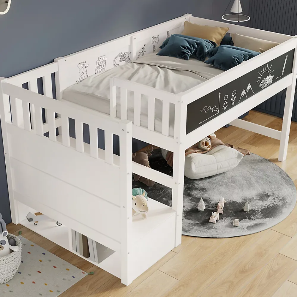 Okwish Lit Mezzanine 90x200 cm enfant, Bureau, Rangement, Tiroirs, Protection Anti-Chute, Tableau Blanc/Noir, Bois Blanc, Sans Matelas* Lit Mezzanine