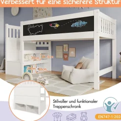 Okwish Lit Mezzanine 90x200 cm enfant, Bureau, Rangement, Tiroirs, Protection Anti-Chute, Tableau Blanc/Noir, Bois Blanc, Sans Matelas* Lit Mezzanine