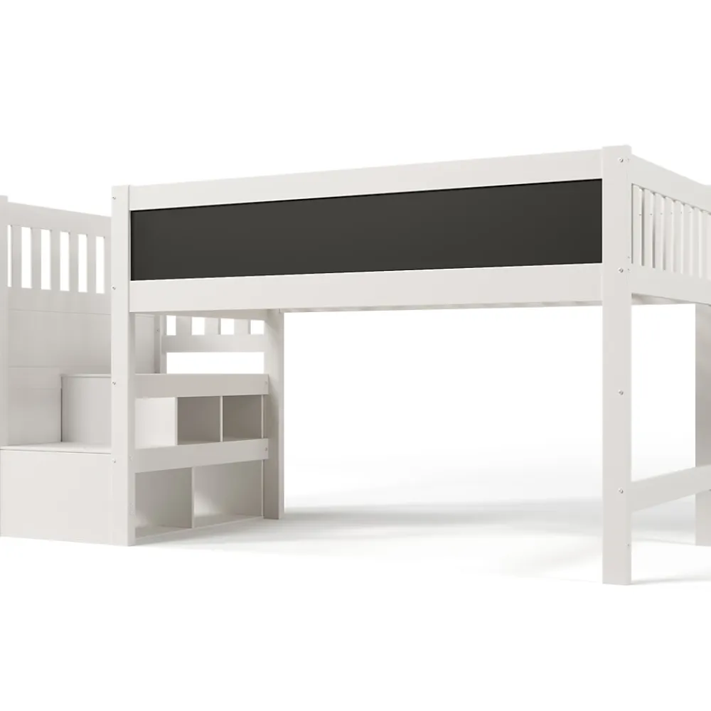 Okwish Lit Mezzanine 90x200 cm enfant, Bureau, Rangement, Tiroirs, Protection Anti-Chute, Tableau Blanc/Noir, Bois Blanc, Sans Matelas* Lit Mezzanine