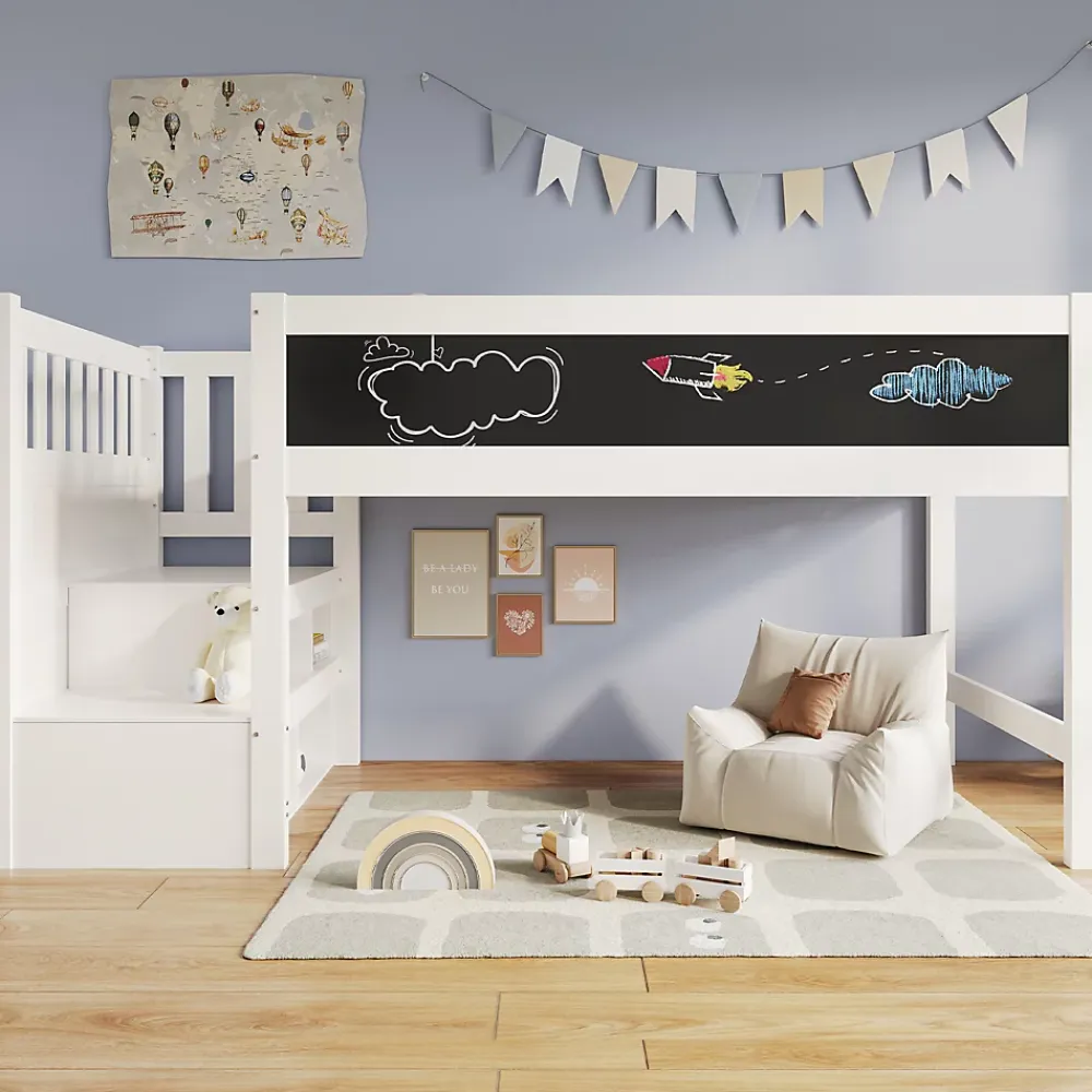 Okwish Lit Mezzanine 90x200 cm enfant, Bureau, Rangement, Tiroirs, Protection Anti-Chute, Tableau Blanc/Noir, Bois Blanc, Sans Matelas* Lit Mezzanine