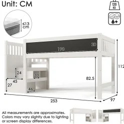 Okwish Lit Mezzanine 90x200 cm enfant, Bureau, Rangement, Tiroirs, Protection Anti-Chute, Tableau Blanc/Noir, Bois Blanc, Sans Matelas* Lit Mezzanine