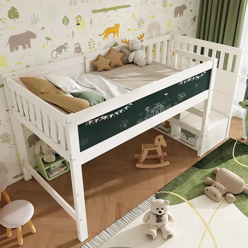 Okwish Lit Mezzanine 90x200 cm enfant, Bureau, Rangement, Tiroirs, Protection Anti-Chute, Tableau Blanc/Noir, Bois Blanc, Sans Matelas* Lit Mezzanine