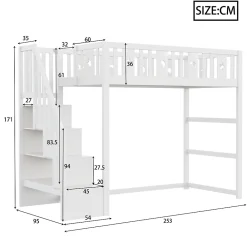 Okwish Lit mezzanine 90x200 cm enfant avec escalier intégré, barrières de sécurité, déco lune et étoiles, bois massif blanc sans matelas* Lit Mezzanine