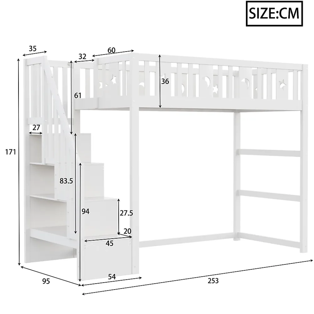 Okwish Lit mezzanine 90x200 cm enfant avec escalier intégré, barrières de sécurité, déco lune et étoiles, bois massif blanc sans matelas* Lit Mezzanine