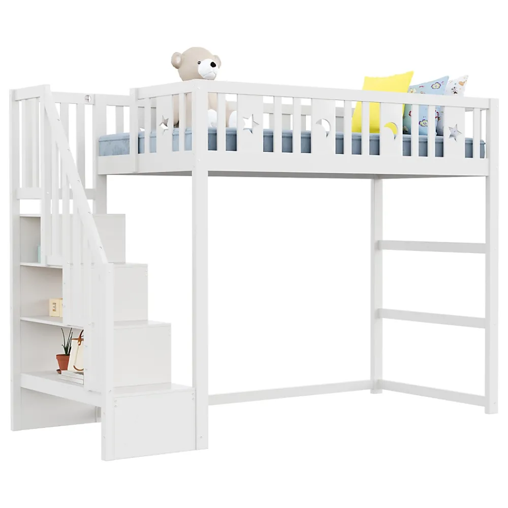 Okwish Lit mezzanine 90x200 cm enfant avec escalier intégré, barrières de sécurité, déco lune et étoiles, bois massif blanc sans matelas* Lit Mezzanine