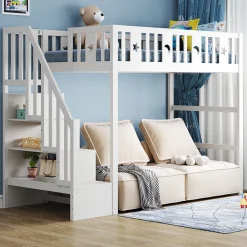 Okwish Lit mezzanine 90x200 cm enfant avec escalier intégré, barrières de sécurité, déco lune et étoiles, bois massif blanc sans matelas* Lit Mezzanine