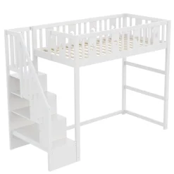 Okwish Lit mezzanine 90x200 cm enfant avec escalier intégré, barrières de sécurité, déco lune et étoiles, bois massif blanc sans matelas* Lit Mezzanine