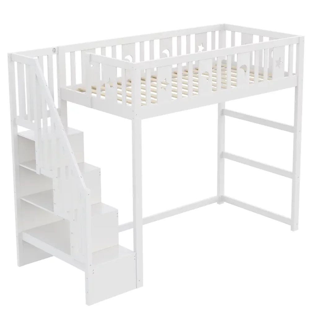 Okwish Lit mezzanine 90x200 cm enfant avec escalier intégré, barrières de sécurité, déco lune et étoiles, bois massif blanc sans matelas* Lit Mezzanine