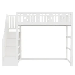 Okwish Lit mezzanine 90x200 cm enfant avec escalier intégré, barrières de sécurité, déco lune et étoiles, bois massif blanc sans matelas* Lit Mezzanine