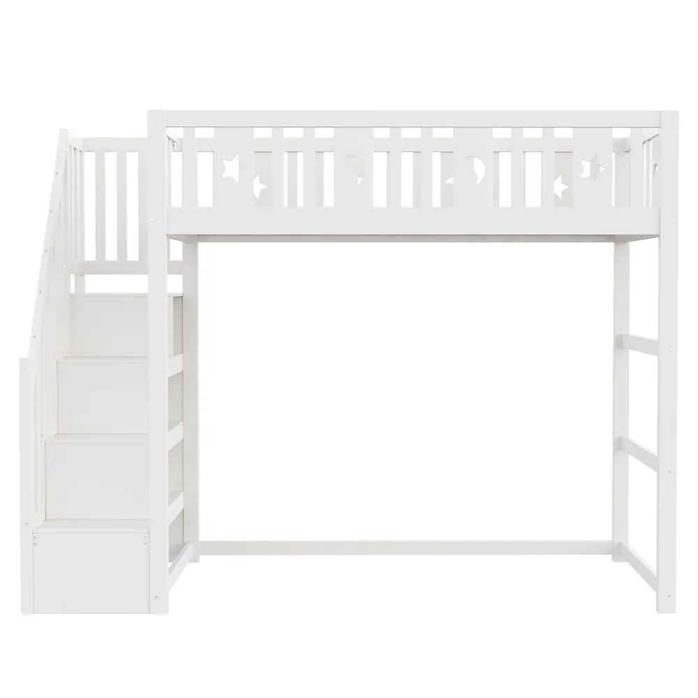 Okwish Lit mezzanine 90x200 cm enfant avec escalier intégré, barrières de sécurité, déco lune et étoiles, bois massif blanc sans matelas* Lit Mezzanine