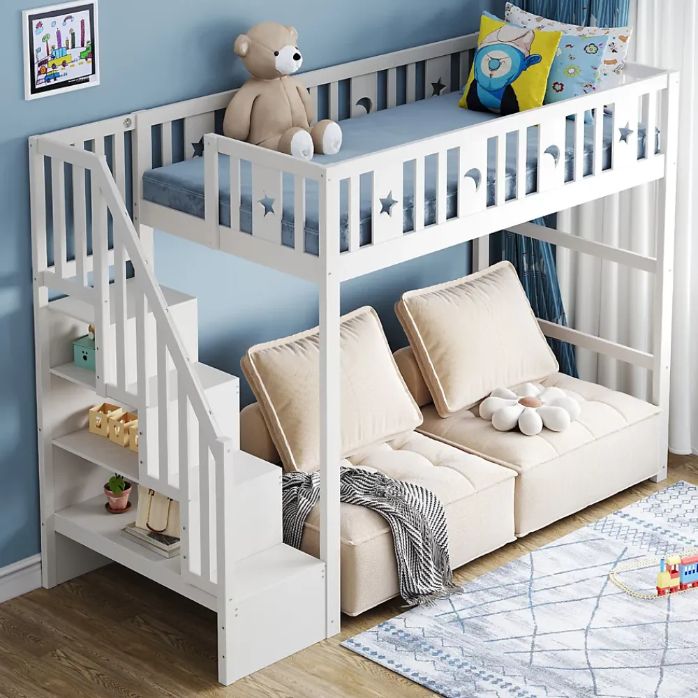 Okwish Lit mezzanine 90x200 cm enfant avec escalier intégré, barrières de sécurité, déco lune et étoiles, bois massif blanc sans matelas* Lit Mezzanine