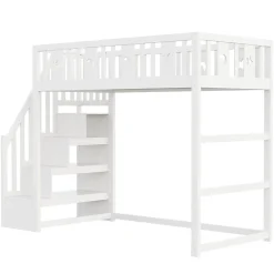 Okwish Lit mezzanine 90x200 cm enfant avec escalier intégré, barrières de sécurité, déco lune et étoiles, bois massif blanc sans matelas* Lit Mezzanine