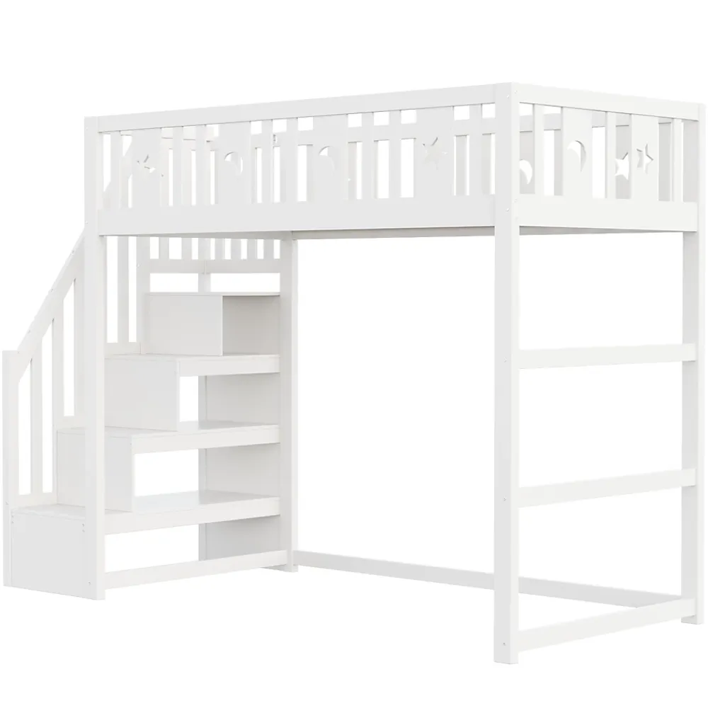 Okwish Lit mezzanine 90x200 cm enfant avec escalier intégré, barrières de sécurité, déco lune et étoiles, bois massif blanc sans matelas* Lit Mezzanine