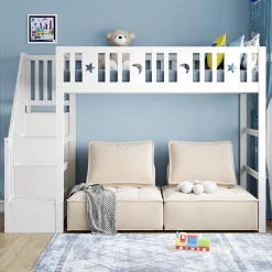 Okwish Lit mezzanine 90x200 cm enfant avec escalier intégré, barrières de sécurité, déco lune et étoiles, bois massif blanc sans matelas* Lit Mezzanine