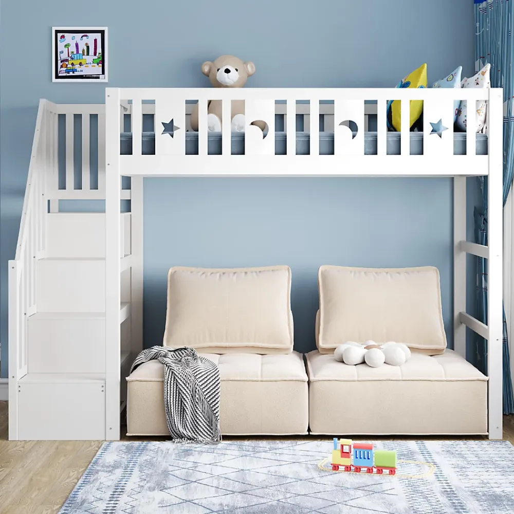 Okwish Lit mezzanine 90x200 cm enfant avec escalier intégré, barrières de sécurité, déco lune et étoiles, bois massif blanc sans matelas* Lit Mezzanine