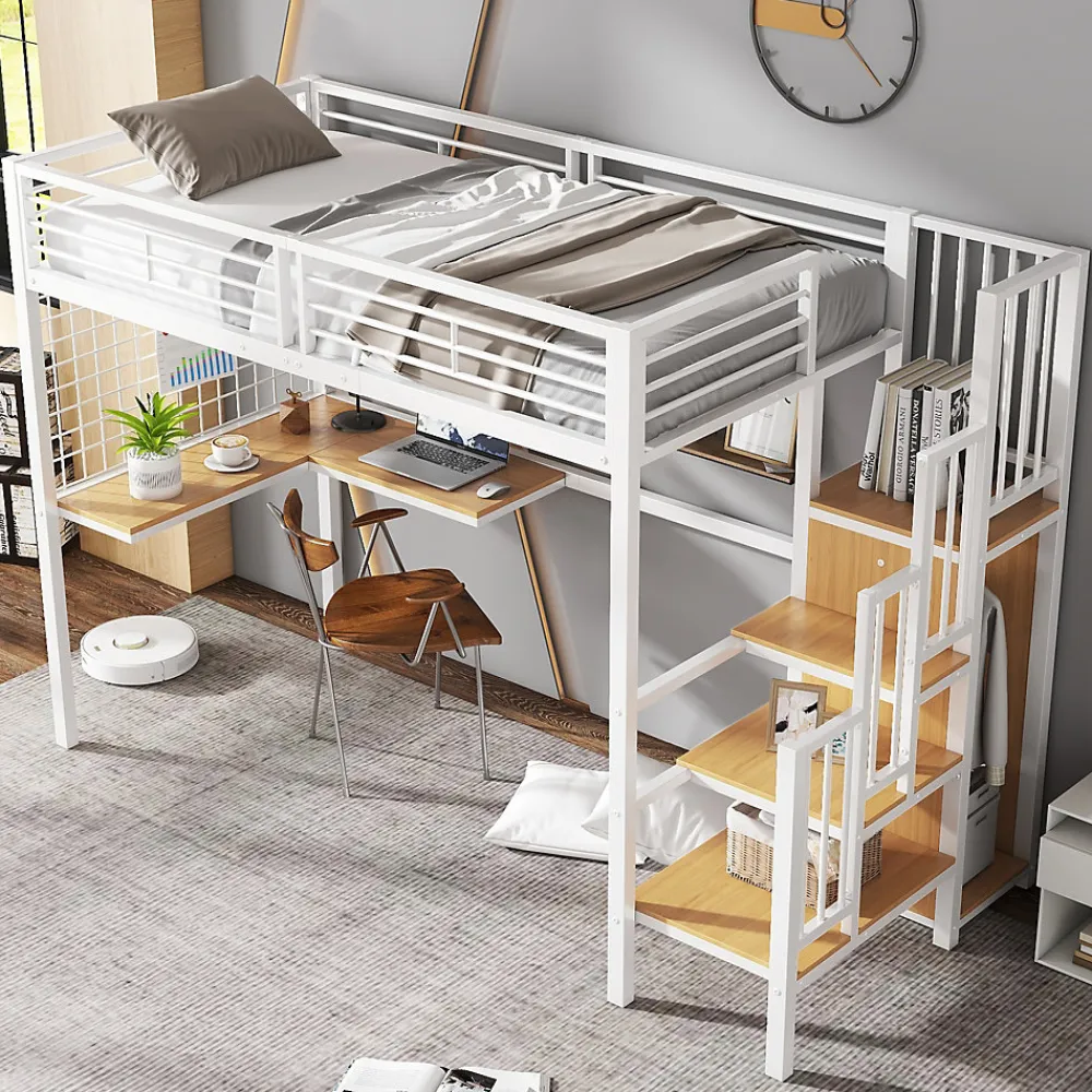 Lit mezzanine 90x200 cm enfant métal avec bureau et armoire intégrée, échelle sécurisée, blanc et naturel sans matelas>Okwish Sale