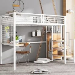 Lit mezzanine 90x200 cm enfant métal avec bureau et armoire intégrée, échelle sécurisée, blanc et naturel sans matelas>Okwish Sale