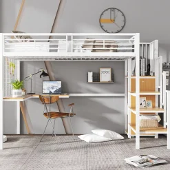 Lit mezzanine 90x200 cm enfant métal avec bureau et armoire intégrée, échelle sécurisée, blanc et naturel sans matelas><noscript><img width=