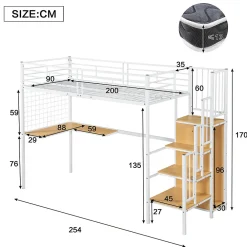 Lit mezzanine 90x200 cm enfant métal avec bureau et armoire intégrée, échelle sécurisée, blanc et naturel sans matelas><noscript><img width=