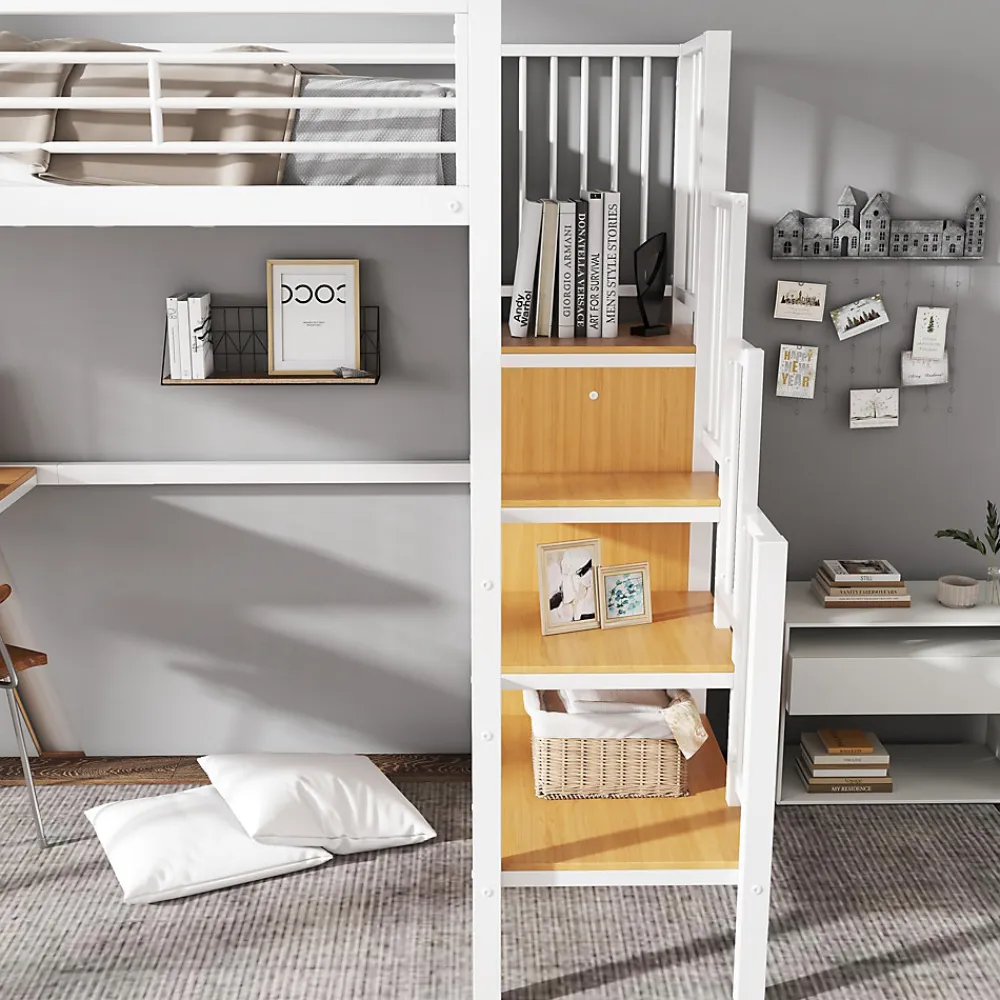 Lit mezzanine 90x200 cm enfant métal avec bureau et armoire intégrée, échelle sécurisée, blanc et naturel sans matelas>Okwish Sale