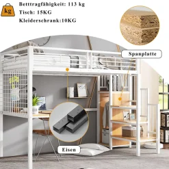 Lit mezzanine 90x200 cm enfant métal avec bureau et armoire intégrée, échelle sécurisée, blanc et naturel sans matelas><noscript><img width=