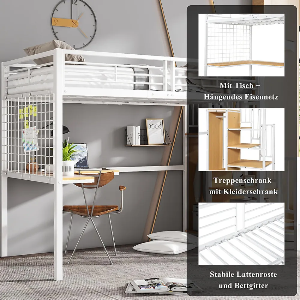 Lit mezzanine 90x200 cm enfant métal avec bureau et armoire intégrée, échelle sécurisée, blanc et naturel sans matelas>Okwish Sale