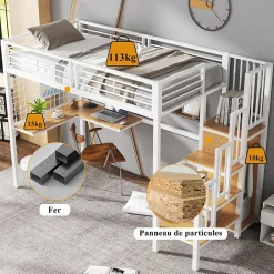 Lit mezzanine 90x200 cm enfant métal avec bureau et armoire intégrée, échelle sécurisée, blanc et naturel sans matelas><noscript><img width=