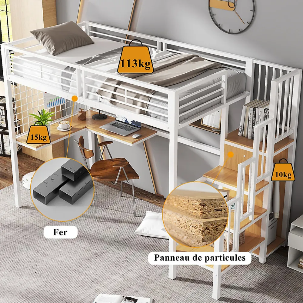 Lit mezzanine 90x200 cm enfant métal avec bureau et armoire intégrée, échelle sécurisée, blanc et naturel sans matelas>Okwish Sale