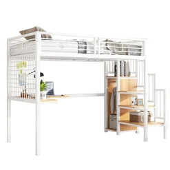 Lit mezzanine 90x200 cm enfant métal avec bureau et armoire intégrée, échelle sécurisée, blanc et naturel sans matelas><noscript><img width=