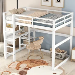 Lit mezzanine 140x200 cm enfant avec bureau et 4 compartiments de rangement, lit combiné bois naturel blanc sans matelas>Okwish Hot
