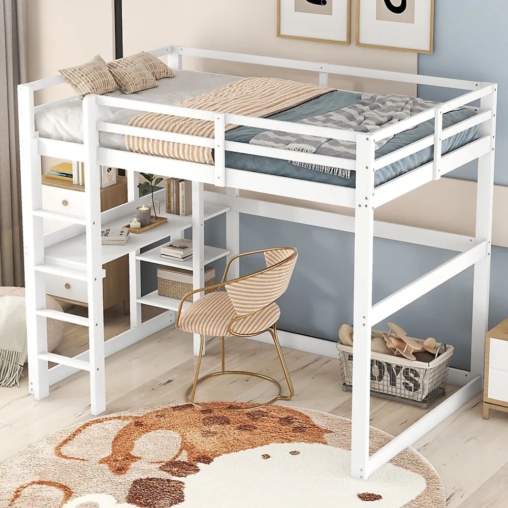 Lit mezzanine 140x200 cm enfant avec bureau et 4 compartiments de rangement, lit combiné bois naturel blanc sans matelas>Okwish Hot
