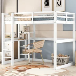 Lit mezzanine 140x200 cm enfant avec bureau et 4 compartiments de rangement, lit combiné bois naturel blanc sans matelas>Okwish Hot