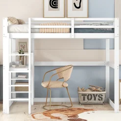 Lit mezzanine 140x200 cm enfant avec bureau et 4 compartiments de rangement, lit combiné bois naturel blanc sans matelas><noscript><img width=