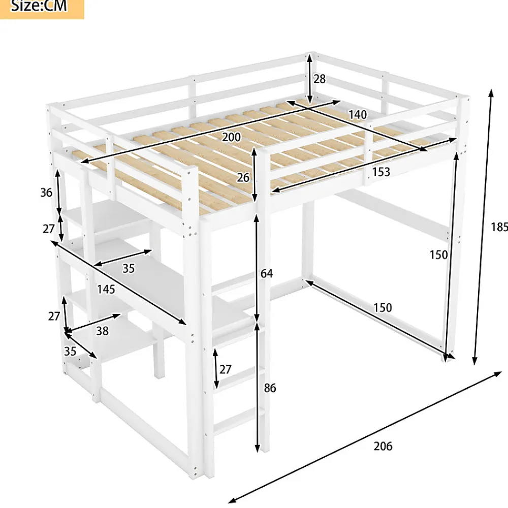 Lit mezzanine 140x200 cm enfant avec bureau et 4 compartiments de rangement, lit combiné bois naturel blanc sans matelas>Okwish Hot