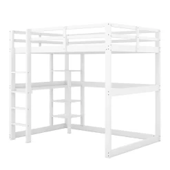 Lit mezzanine 140x200 cm enfant avec bureau et 4 compartiments de rangement, lit combiné bois naturel blanc sans matelas><noscript><img width=
