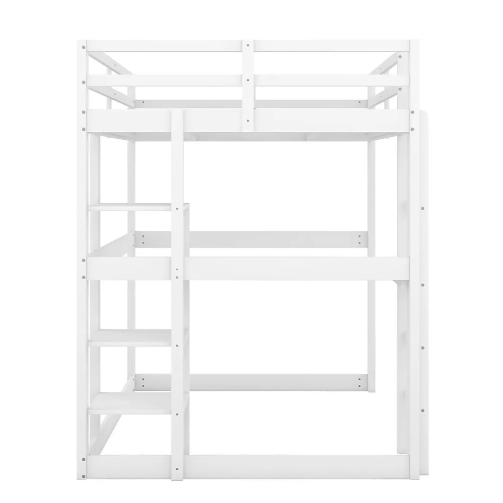 Lit mezzanine 140x200 cm enfant avec bureau et 4 compartiments de rangement, lit combiné bois naturel blanc sans matelas>Okwish Hot