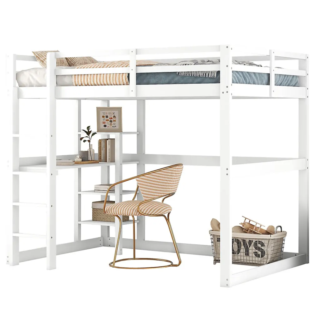 Lit mezzanine 140x200 cm enfant avec bureau et 4 compartiments de rangement, lit combiné bois naturel blanc sans matelas>Okwish Hot