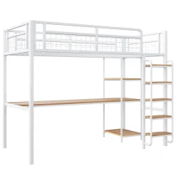 Okwish Lit mezzanine 90x200 cm enfant métal, bureau et étagères intégrés, échelle de sécurité, garde-corps métal, blanc - Sans matelas* Lit Mezzanine