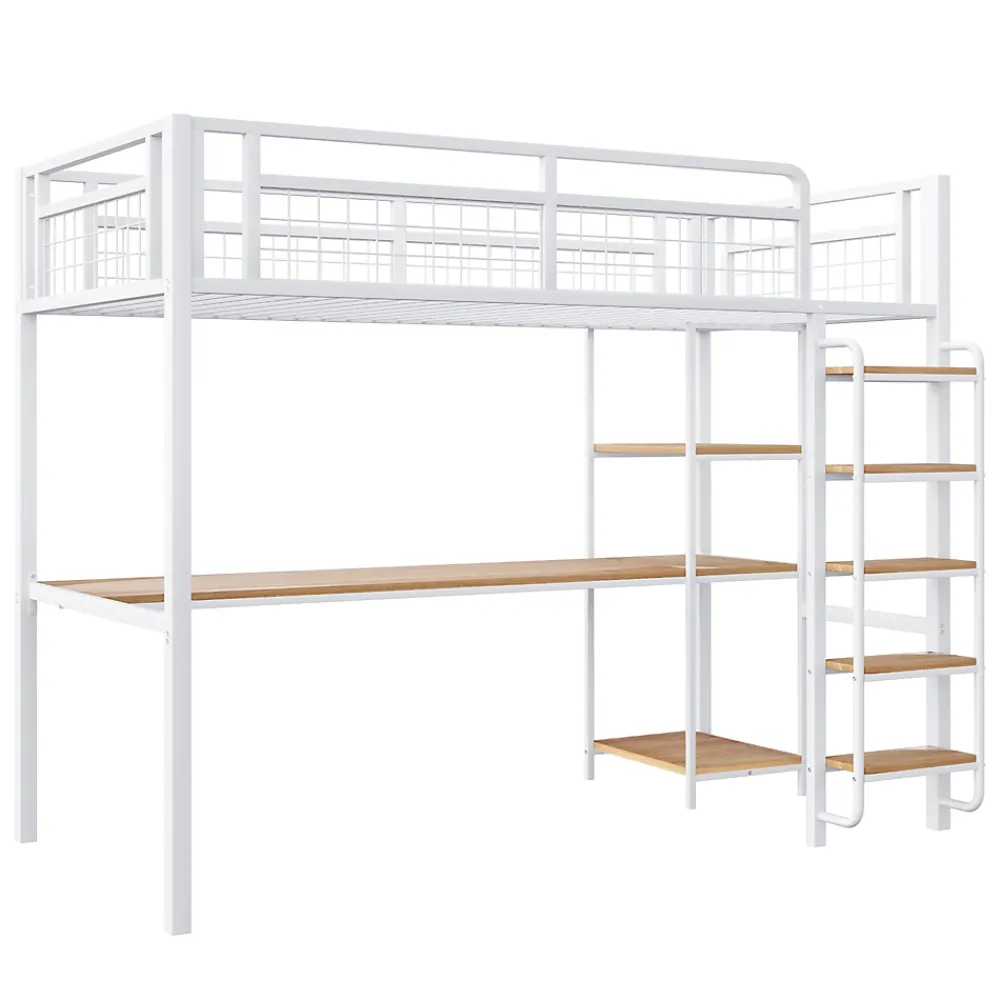 Okwish Lit mezzanine 90x200 cm enfant métal, bureau et étagères intégrés, échelle de sécurité, garde-corps métal, blanc - Sans matelas* Lit Mezzanine
