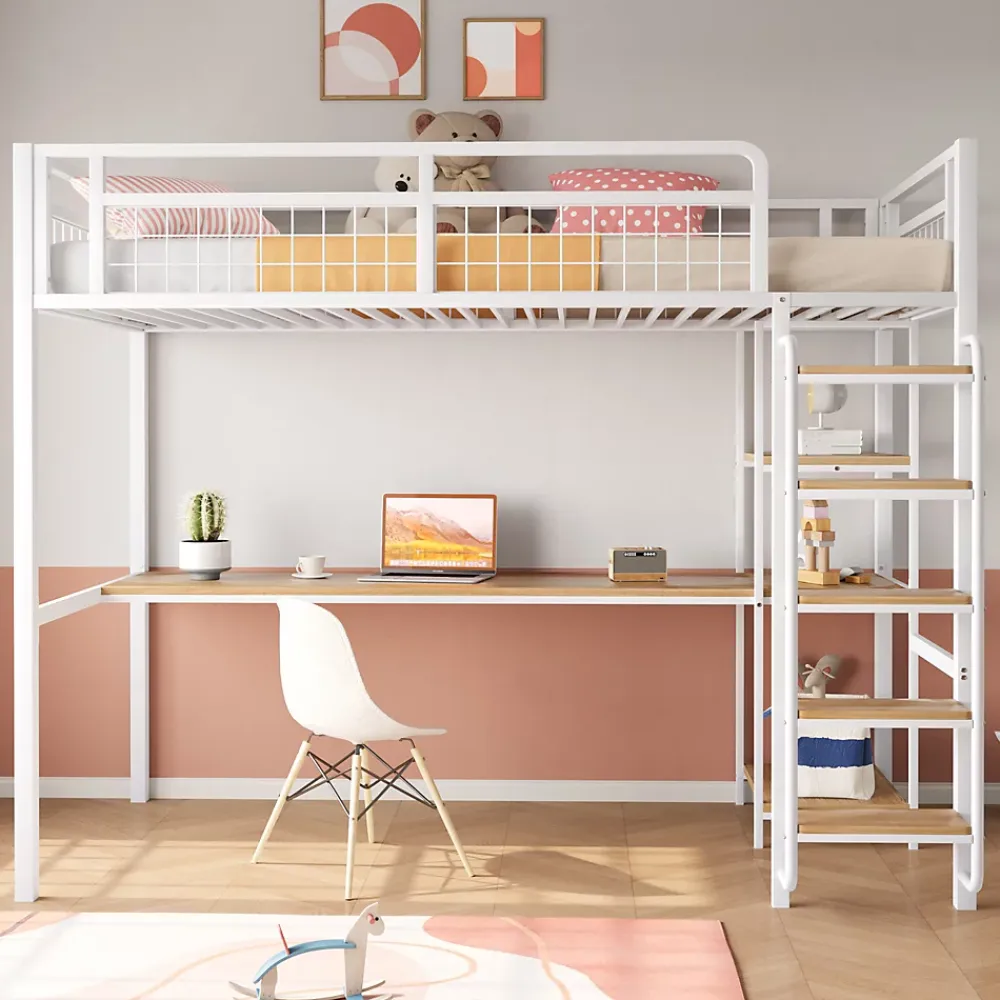 Okwish Lit mezzanine 90x200 cm enfant métal, bureau et étagères intégrés, échelle de sécurité, garde-corps métal, blanc - Sans matelas* Lit Mezzanine