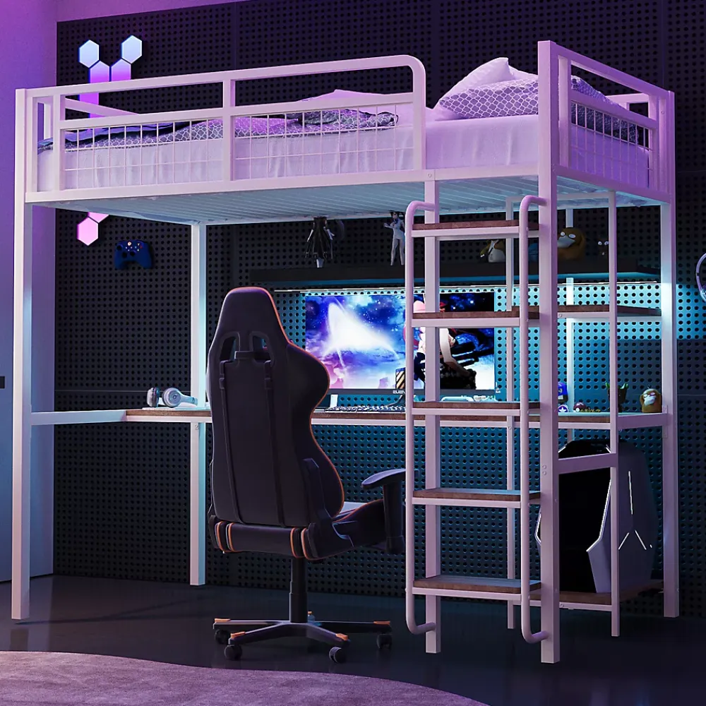 Okwish Lit mezzanine 90x200 cm enfant métal, bureau et étagères intégrés, échelle de sécurité, garde-corps métal, blanc - Sans matelas* Lit Mezzanine
