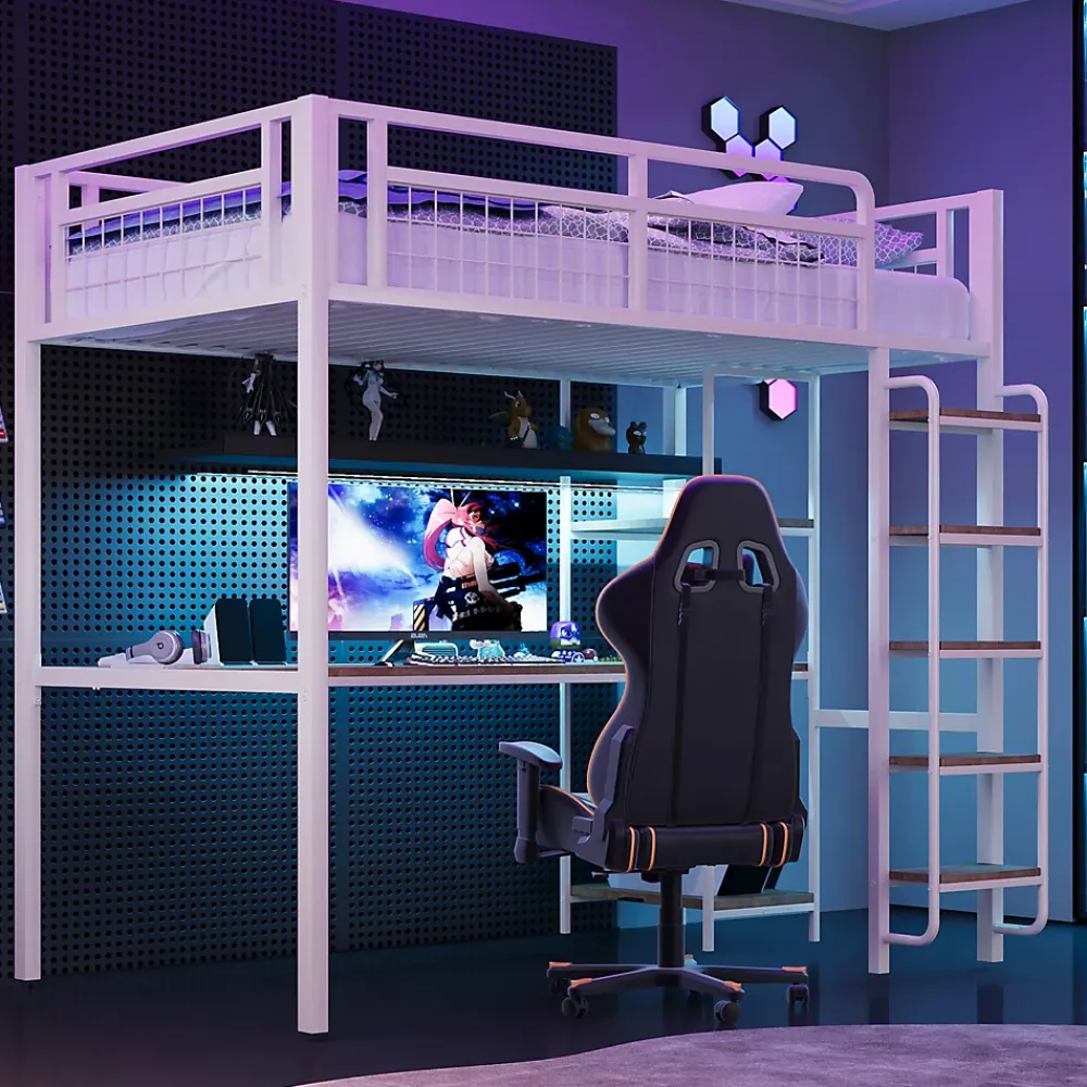 Okwish Lit mezzanine 90x200 cm enfant métal, bureau et étagères intégrés, échelle de sécurité, garde-corps métal, blanc - Sans matelas* Lit Mezzanine