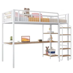 Okwish Lit mezzanine 90x200 cm enfant métal, bureau et étagères intégrés, échelle de sécurité, garde-corps métal, blanc - Sans matelas* Lit Mezzanine