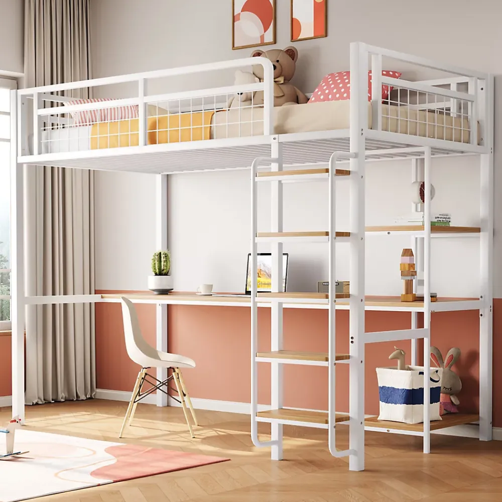 Okwish Lit mezzanine 90x200 cm enfant métal, bureau et étagères intégrés, échelle de sécurité, garde-corps métal, blanc - Sans matelas* Lit Mezzanine