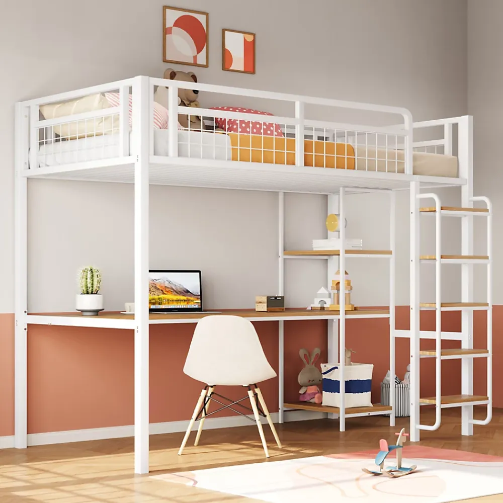 Okwish Lit mezzanine 90x200 cm enfant métal, bureau et étagères intégrés, échelle de sécurité, garde-corps métal, blanc - Sans matelas* Lit Mezzanine