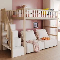 Lit mezzanine 90x200 cm enfant avec escalier intégré et sécurité, décor lune et étoiles, bois massif blanc et bois sans matelas>Okwish Clearance